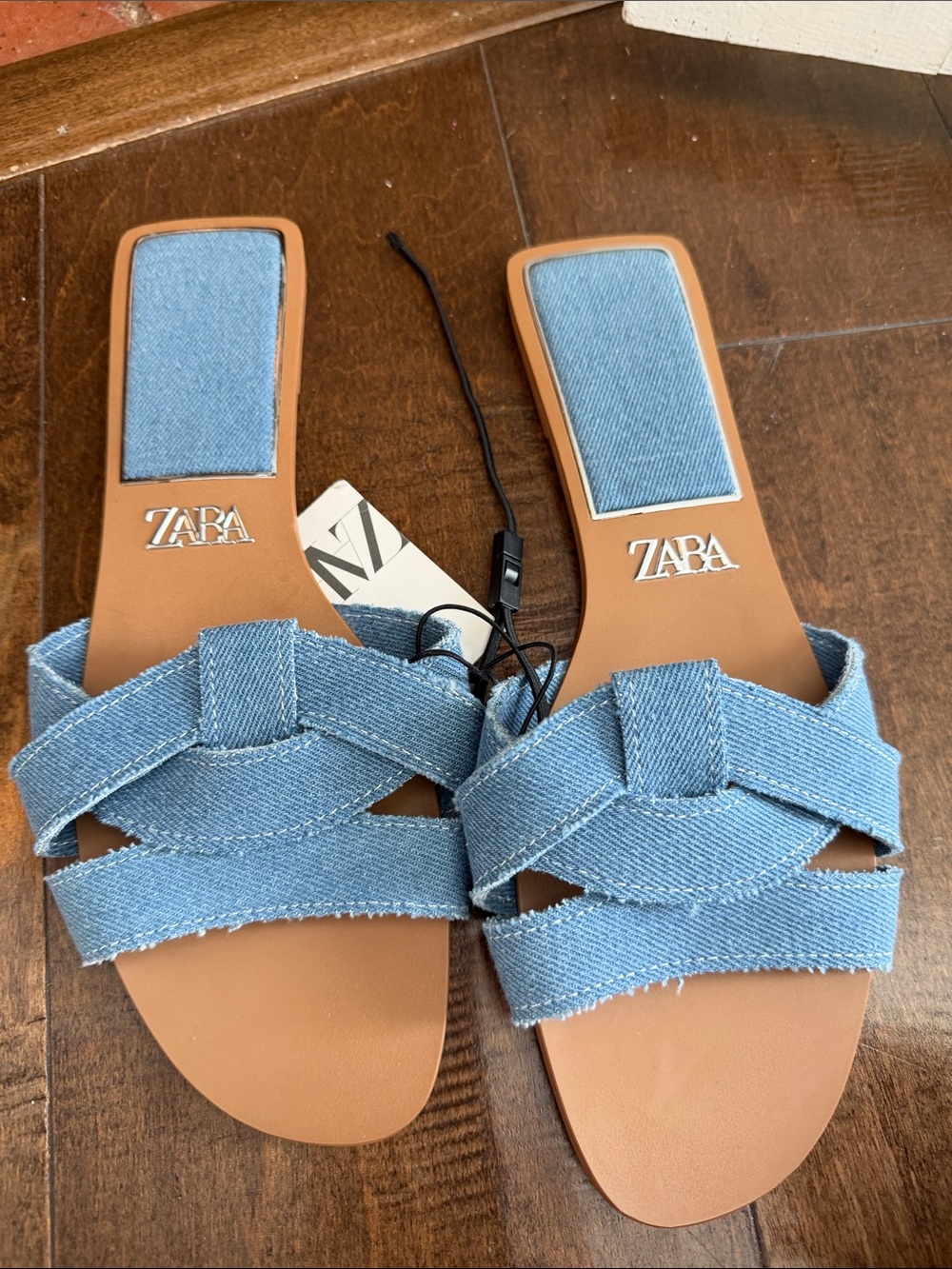 Zara Light Blue Denim Crossover Slide Sandals